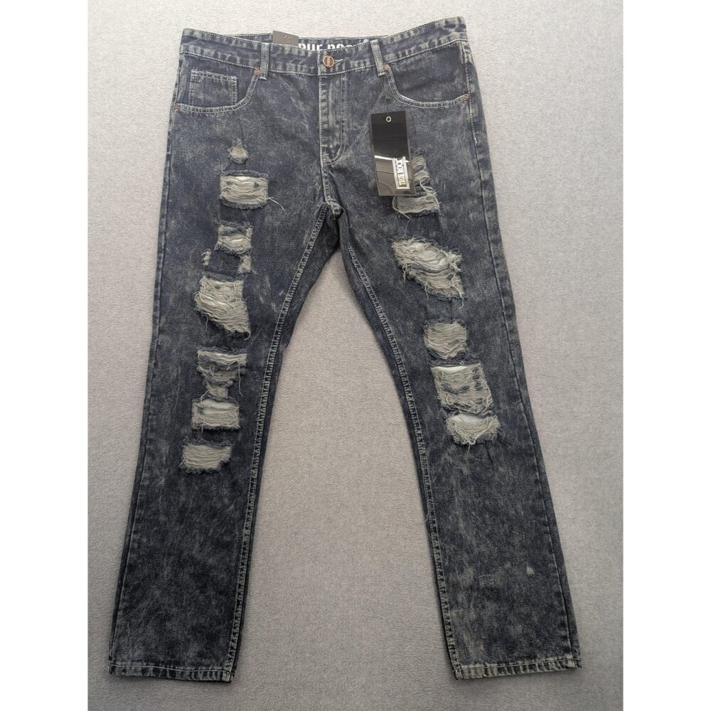 True Rock Jeans Mens 38x32 Blue Distressed Ripped Straight Denim Repair-7512